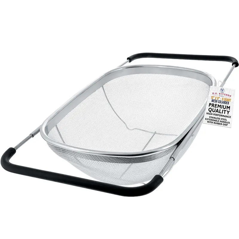 Kitchen Supply Stainless Steel Colander Strainer - 6-Quart Collapsible Colander with Expandable Rubber Handles - Rectangular Sieve, Fine Mesh Stainless Steel Strainers and Colanders for Kitchen