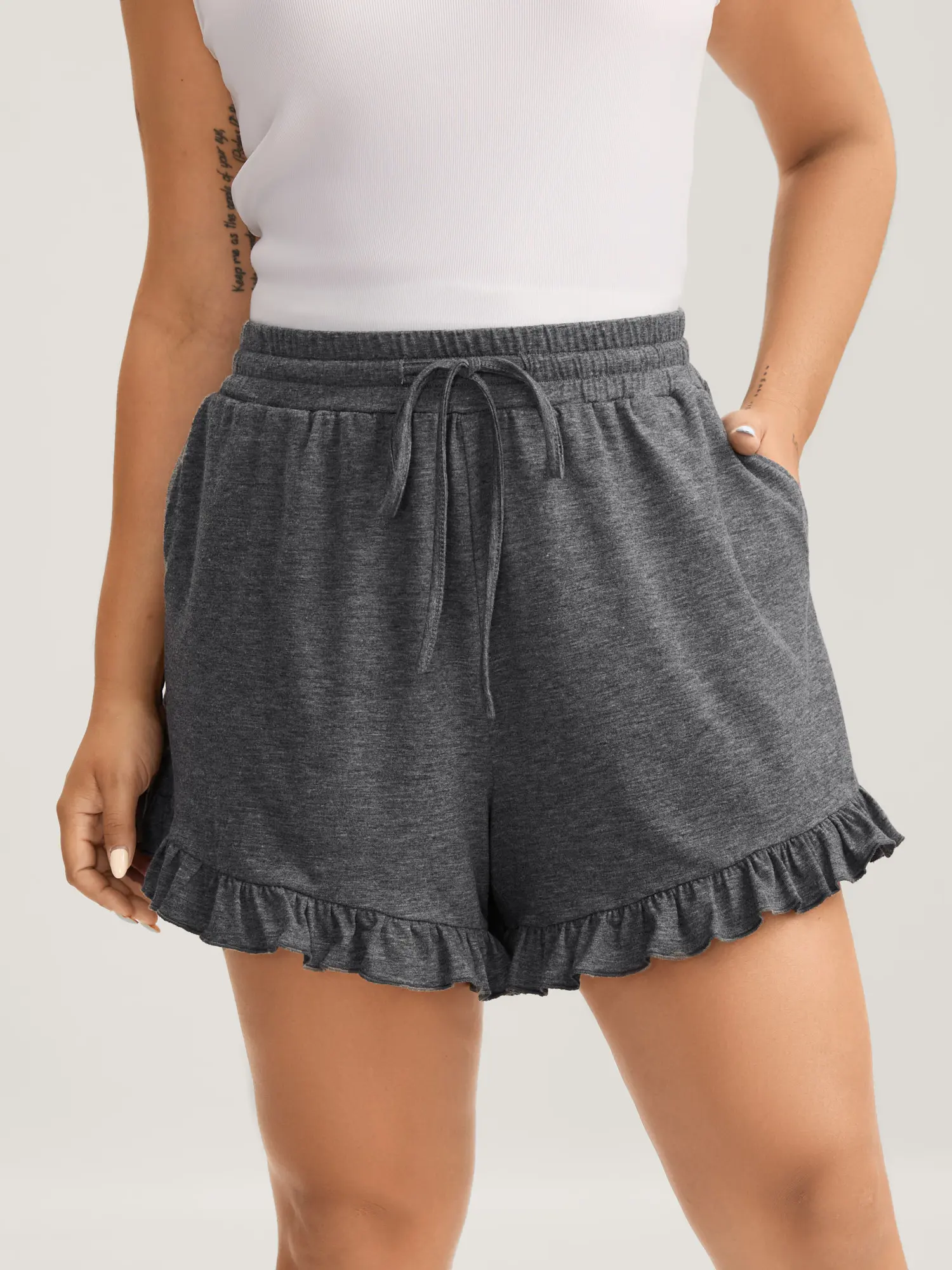 BLOOMCHIC Plus Size Women's Lounge Shorts [M-6X] - Soft Knit Ruffle Hem Bottoms with Elastic Drawstring Waist & Pockets, Relaxed Flattering Fit, Summer Casual Everyday Wear, Plus Size Fashion, Women's Clothing, Curvy Apparel,back to school shopping
