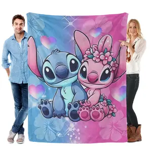 Disney Stitch Blanket Featuring Stitch & Angel Design in Four Sizes Soft Cozy Bedding for Fans with Floral Accents