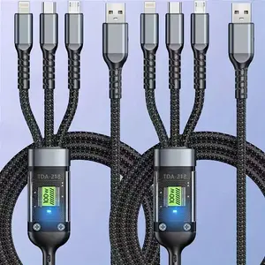 100W 3-in-1 USB Fast Charging Cable - 1.2m Multi Charger Cord with LED Light for iPhone, Android, Type-C Mobile, Smartphone, Cellphone, Tablets - Car & Travel Use