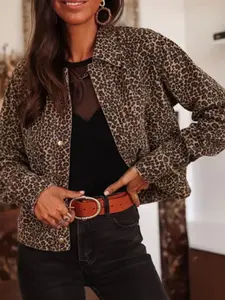 Women's Leopard Print Collar Jacket Coat, Casual Outerwear, Long Sleeve, Festive Atmosphere, Full Print Leopard Pattern, Loose Fit, Loose Fitting Jacket, Leopard Print Jackets, Perfect for Birthday Parties & Holidays