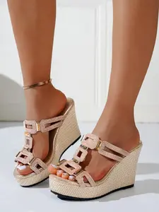 2026 Summer New Elegant Sparkly Rhinestone Wedge Sandals, Butterfly Pattern Peep Toe, Breathable Anti-Slip Rubber Sole, Bohemian Style Outdoor Shoes