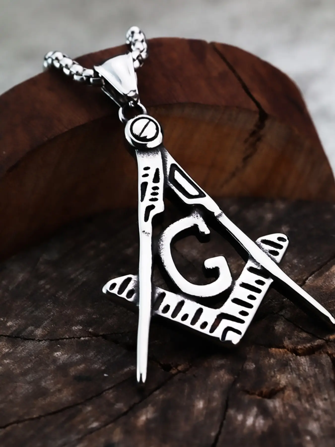 Stainless Steel Masonic Pendant Necklace, Unisex, 24 Inch Square Pearl Chain, Casual Style, All Seasons, Alloy Material, Minimalist Chain, Cuban Link Chain