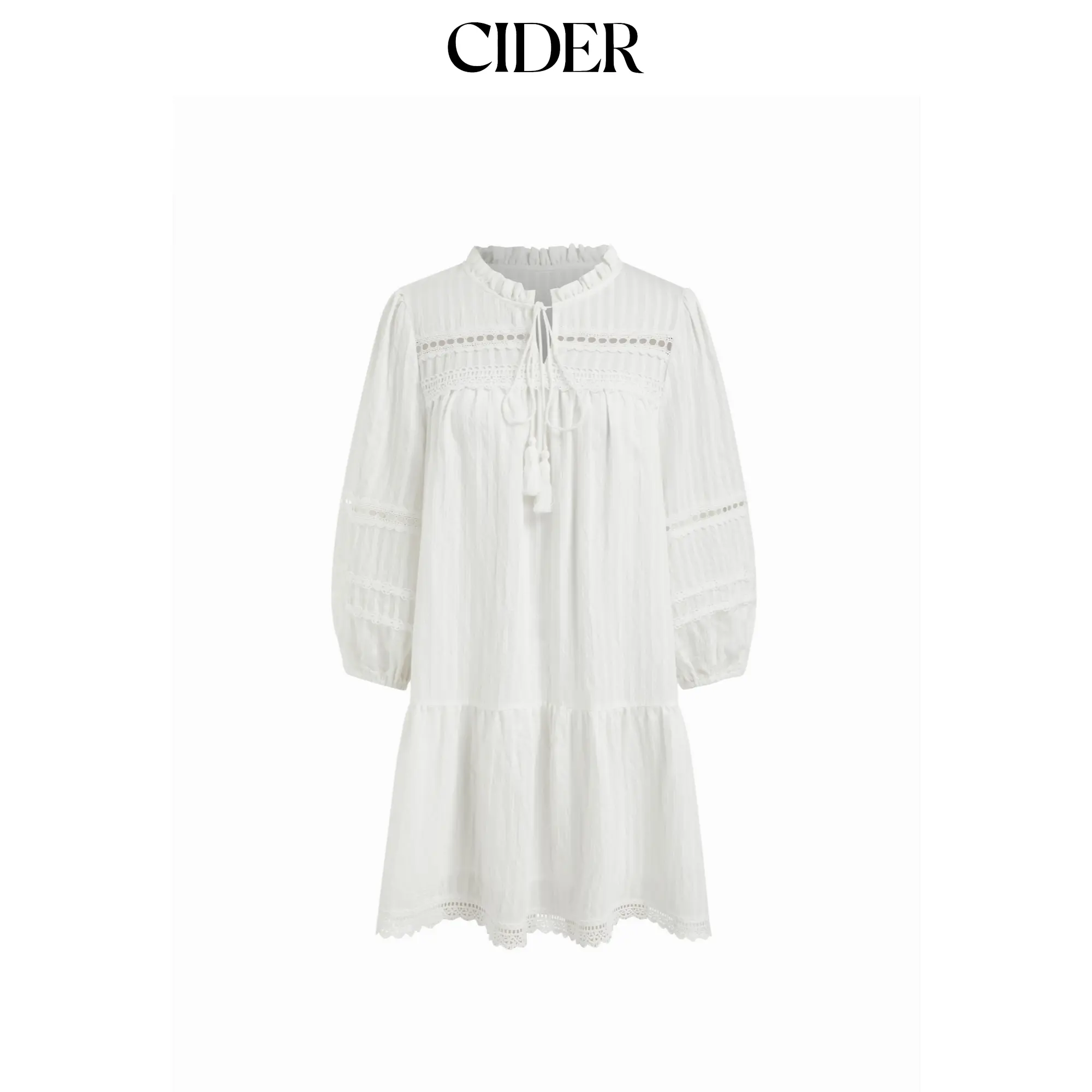 Cider Women's Casual Cotton Smock Midi Dress with a Mandarin Collar, Puff Sleeves and Knotted Front Detail, Clothes, Women's Clothes, Mid Waist, Shirred, Solid, Plain, Sweet, Woven, Midi Length, Smock Dress