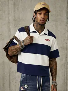 Men's Navy Blue & White Striped Cropped Polo Shirt, Retro Rugby Jersey Style Boxy Fit Short Sleeve Top with Sunny Logo Patch, Heavyweight Cotton Streetwear Polo, Casual Preppy Collared Shirt for Summer Daily Street OOTD