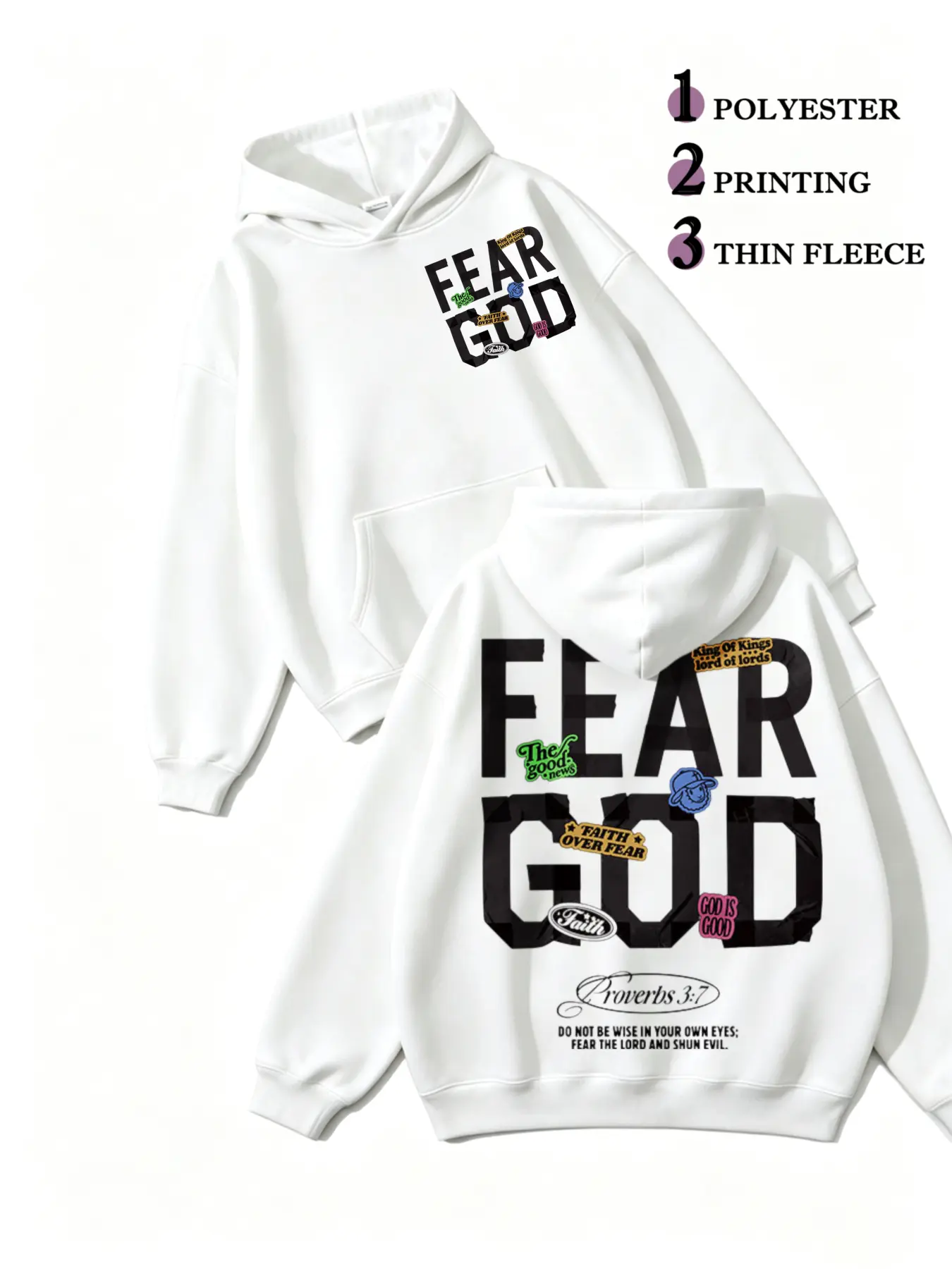 Women Oversized Christian Hoodie Double Sided Fear God Graphic Sweatshirt Proverbs 3 7 Bible Verse Faith Over Fear Streetwear Aesthetic Black Thin Fleece Loose Fit Hooded Tops Casual Long Sleeve Pullover Religious Gift for Her