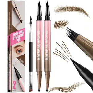 2-Pack Waterproof 4D Eyebrow Pen, 2-in-1 Eyebrow Pencil with Microblading & Dual-end Eyeliner Brush for Smooth Natural Eyebrow Makeup & Eyelash Line