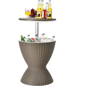 Tangkula Outdoor Cool Bar Table, Rattan Style Patio 8 Gallon Beer and Wine Cooler, All-Weather Ice Bucket W/Height Adjustable Top, Drainage Plug, 3-In-1 Cocktail Coffee Table for Party, Pool (Coffee)