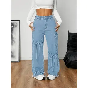 Women's Casual Straight-Leg Denim Pants Featuring an Adjustable Bow Tie Drawstring Design, Side Large Pockets, and a Loose Wide-leg Fit. Crafted from Non-stretchy Fabric, They Are Suitable for Wearing in Spring, Summer, Autumn and Winter.