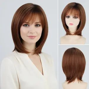Brown Short Wigs for White Women 12inch Layered Brown mix Blonde Mid-length Pixie Bob Wig with Bangs Straight Heat Synthetic Natural Daily Party Average Size Wig
