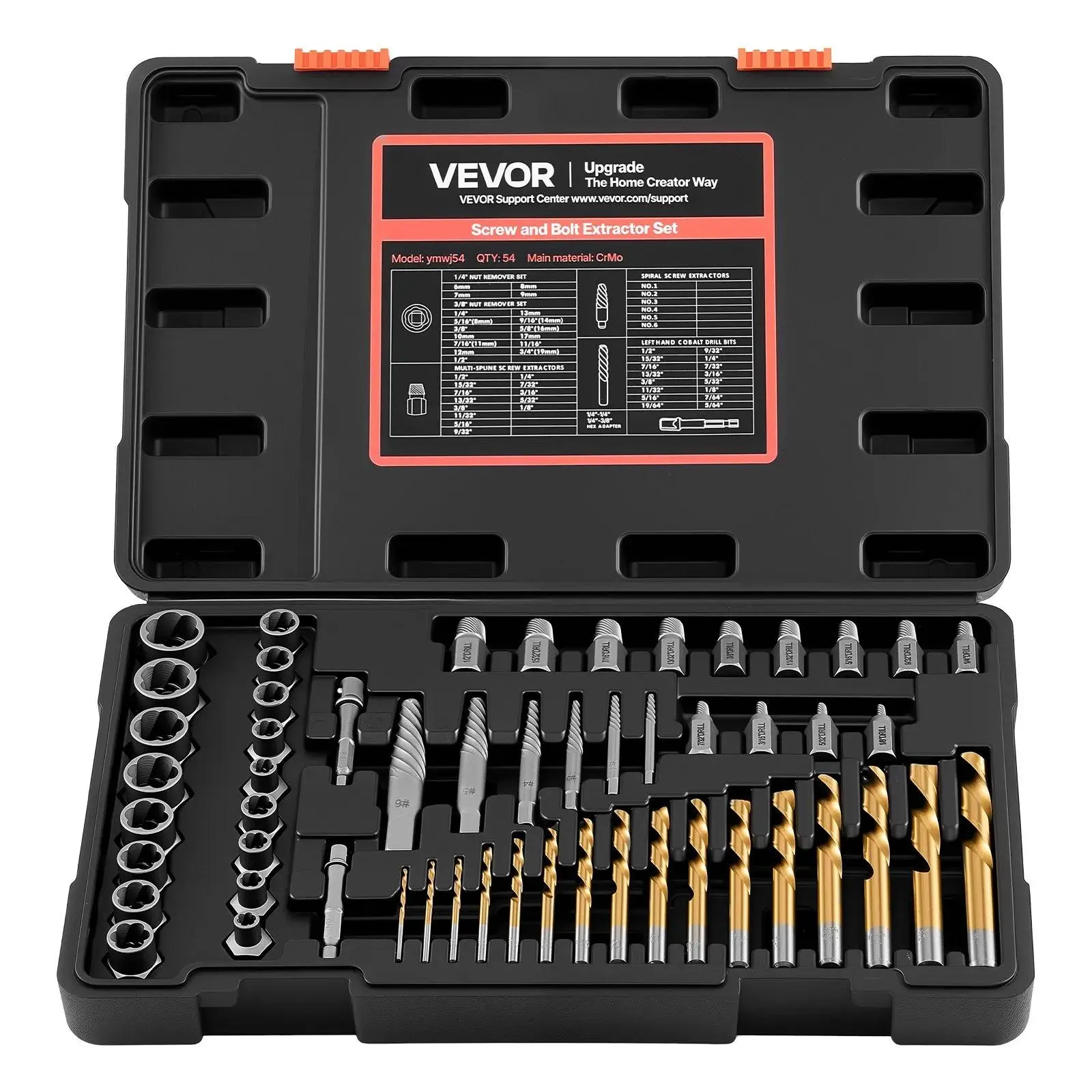 VEVOR 54-Piece Cr-Mo Steel Screw Extractor Set with 16 Drill Bits, 13 Spline Socket Extractors, Adapters, Solid Storage Case, Laser Etched Quick Size ID, Tool Organization for DIY Maintenance, Power+Hand Tool Use, SAE/Metric Compatibility