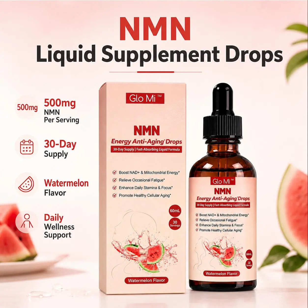 NMN Supplement Liquid Drops for Adults NAD+ Supplement , 500mg NMN with AKG, TMG & CoQ10, Watermelon Flavor, Supports NAD+ Levels, Cellular Energy & Daily Wellness, 30-Day Supply