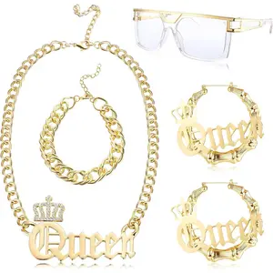 ZELORES Unisex 5-Piece Alloy Metal Hip Hop Coordinated Jewelry Set - 80s-90s Music Theme Punk Jewelry Set, Fake Gold Chain, Money Chain, Dollar Sign Pendant Necklace, DJ Punk Sunglasses, Clip Drop Earrings, Ring, Casual Beach Gift, Set Jewelry Sets, Punk