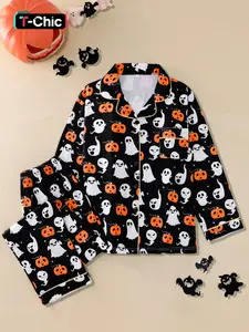 2-piece Halloween Pumpkin Head Spider Web Cross Long Sleeve Pants Soft and Comfortable Top Small Pocket Button Closed Elastic Waist Suitable for All Seasons Leisure Home Sleepwear Regular Wear