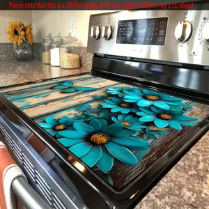 1pc 2D FLAT Turquoise Flowers and Butterflies on Weathered Wood Stove Cover Protector, Rustic Decor Stove Cover Protector,  Suitable for farmhouse kitchens, bohemian - style homes, and rustic cafes., 2D Flat