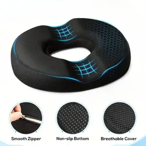 Cozy Slow Rebound Donut Seat Pillow | Pain Relief for Postpartum, Hemorrhoid, Coccyx & Lumbar Issues | Ideal for Office & Driving | Black w/ Blue Stitching | Zippered Washable Polyester Cover