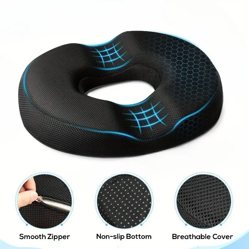 Cozy Slow Rebound Donut Seat Pillow | Pain Relief for Postpartum, Hemorrhoid, Coccyx & Lumbar Issues | Ideal for Office & Driving | Black w/ Blue Stitching | Zippered Washable Polyester Cover