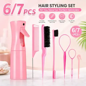 7PCS Pink Hair Styling Tools Set with Fine Mist Spray Bottle, Rat Tail Comb, Volumizing Brush, Bun Styling Tool & Hair Clips, Hair Accessories Kit for Braiding, Slick Back Hair, Parting, Detangling & DIY Hairstyles for Women & Girls