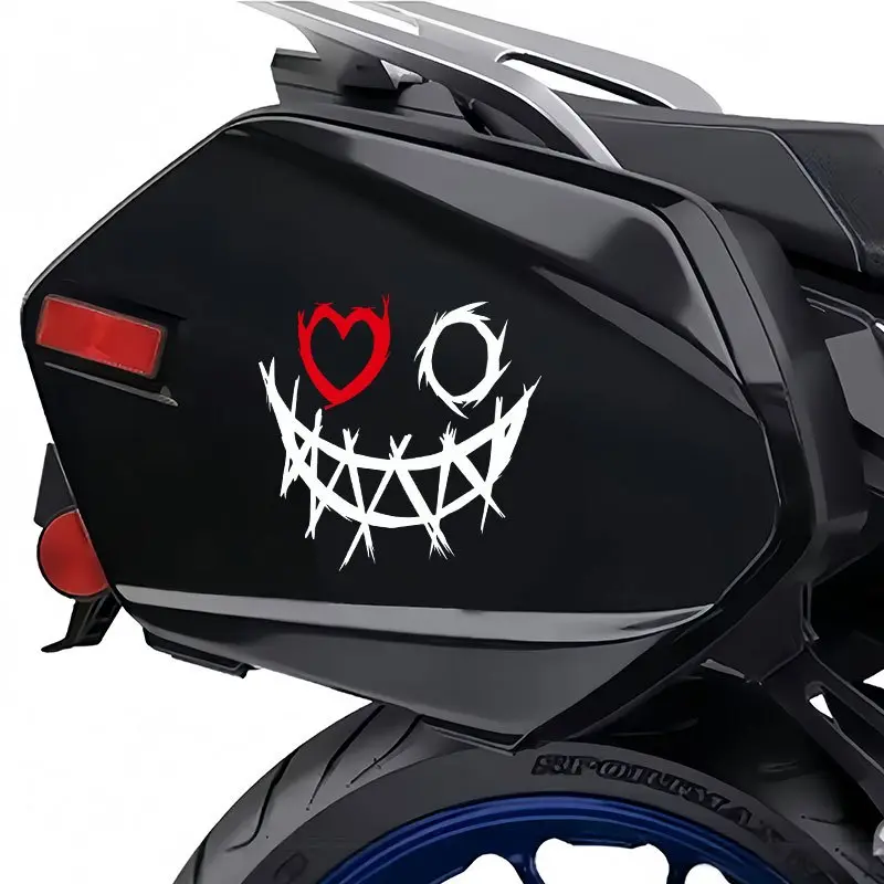 1PC Street Trendy Motorcycle Dark Grotesque Logo Sticker Decal Stick on motorcycle bodies or trendy play backpacks, this white-red contrast grotesque smile decor instantly has a dark rebellious cool vibe, dark cool enthusiasts, Motorcycle Stickers