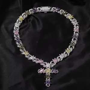 Icy Flower Infinity Link Chain Cross Pendant Necklace Prong Setting AAAAA CZ