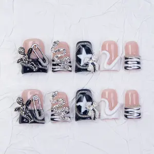Nailssbysheccid, 10pcs-Y2K press on nails, duck nails, 100%handmade, with French, 3D, smudt, hand-drawn, Star pattern rhinestones designs, for dates, weddings, and gift for girls! Jelly gel, crystal sticks and rolling sticks included