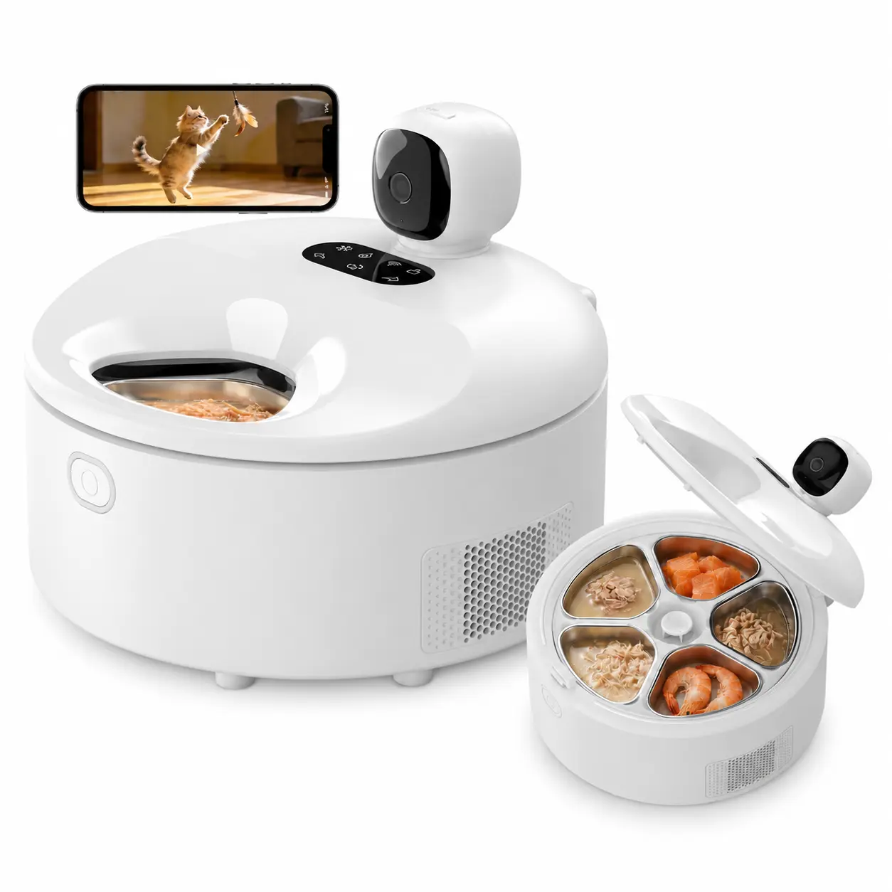 Automatic Cat & Dog Refrigerated Wet Food Feeder with WiFi App Control, Adapter, 5 Timed Meals, 5 Days Freshness, Quick Cooling-Heating, Easy to Clean Stainless Steel Tray, Front Panel, Camera View, Medium Storage, Built-In 1080P Pan/Tilt Camera