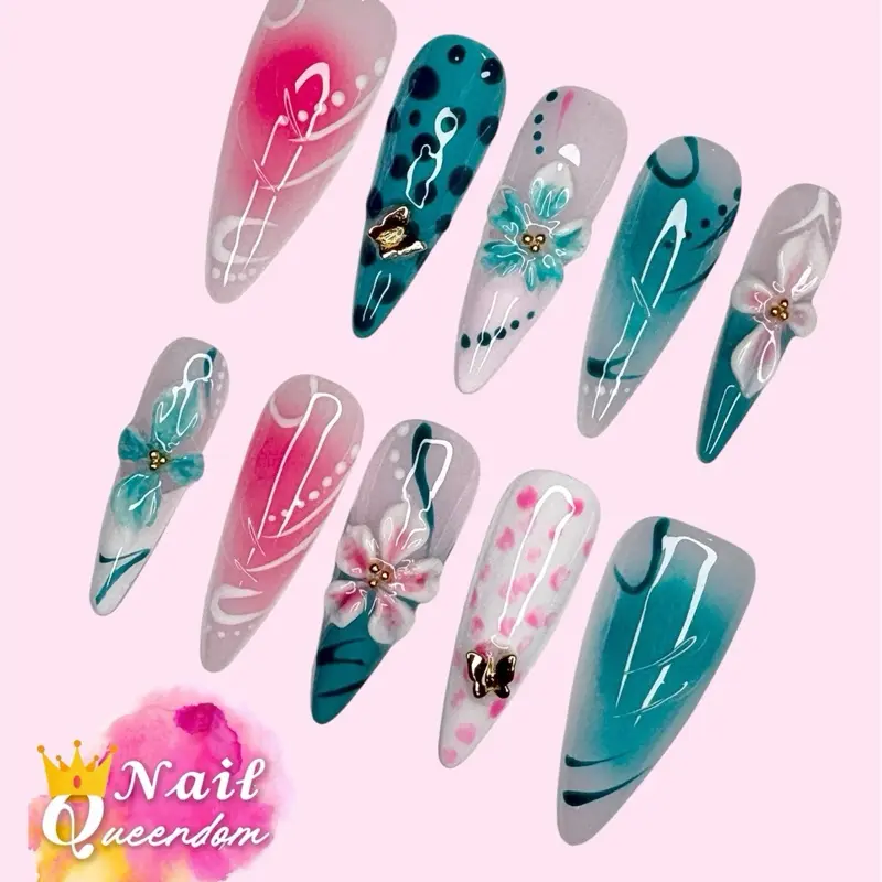 Nail Queendom [BUBBLEGUM BAY] Handcrafted 3D Press-On Nails Reusables Long Lasting Salon Quality Easy Application 10 Pieces Set Eco-Friendly 3D-gel Finish