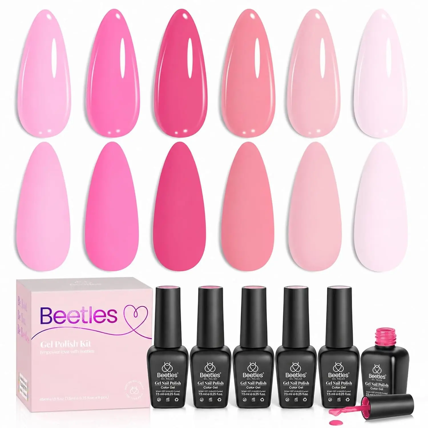 Beetles 6-Color Summer Gel Polish Set - Pink Melody, Nude Light Baby Hot Pink Shades, Smooth Brush, Primer-Inclusive, Wipe-Ready, Daily Salon-Grade Long-Lasting Soak-Off UV LED Nail Polish for Bright Nails, Gentle, Pink Melody-6 Colors