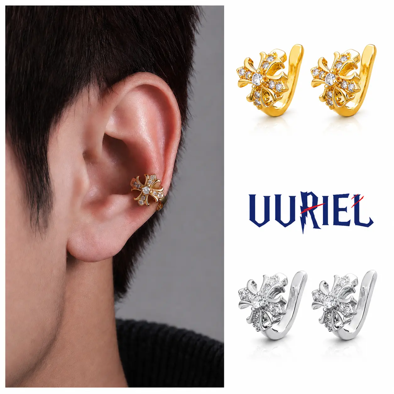 UURiel Unisex 5A CZ Earcuff Clip-On Earrings - Adjustable, Waterproof, Hypoallergenic CZ Stones Earrings for Daily Casual Wear