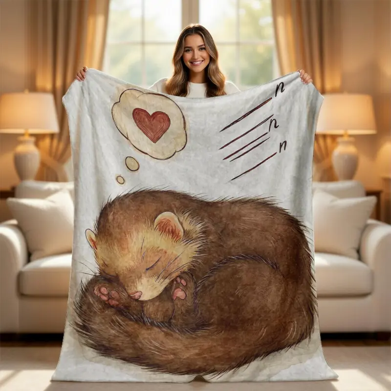 Cute Sleeping Ferret Fleece Blanket, Watercolor Heart Ferret Throw Blanket for Couch Bed, Cozy Soft Plush Blanket, Aesthetic Gift