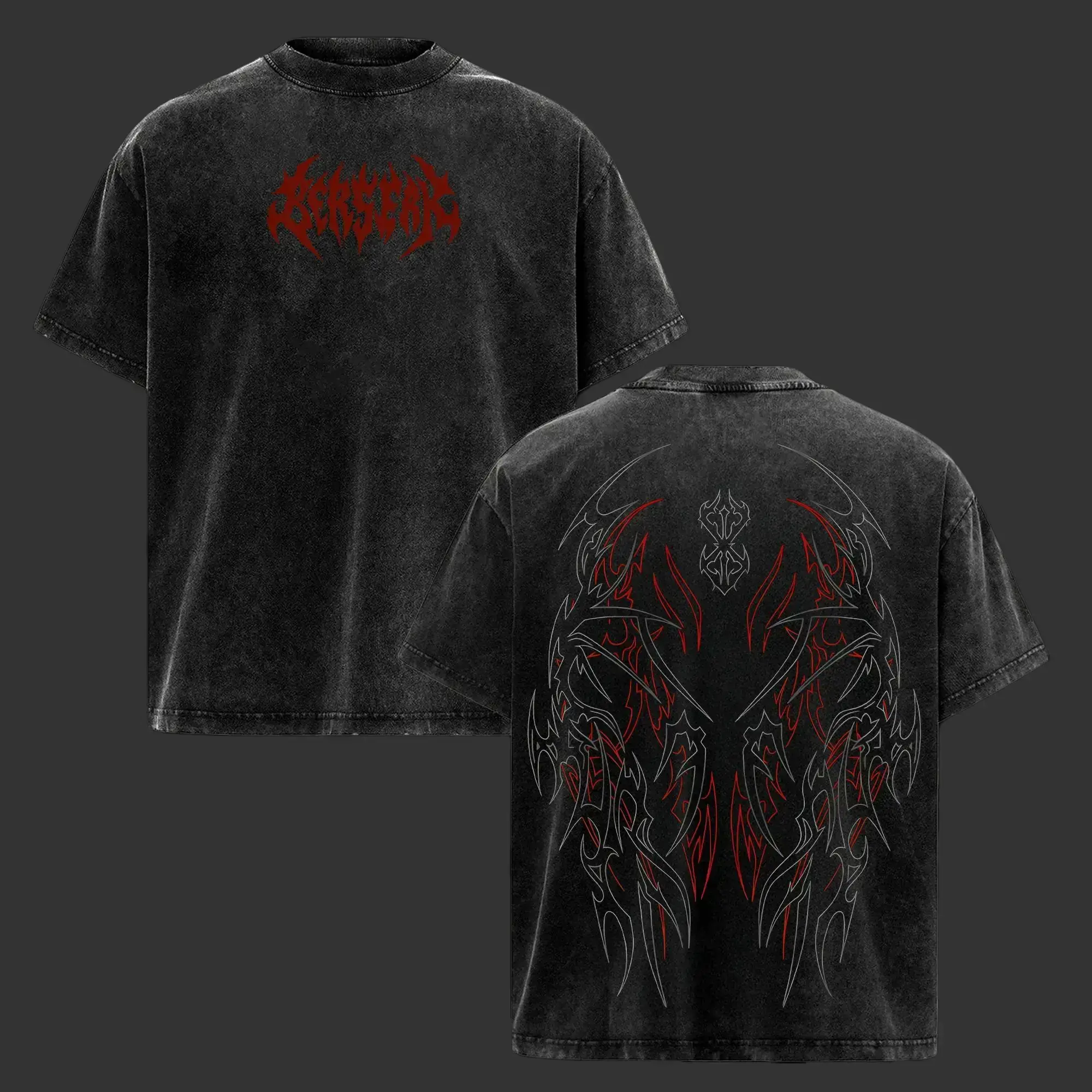 Men's Vintage Washed Berserk Pump Cover T-Shirt - Heavy Cotton Oversized Retro Chic All-Season Figured Print Dark Aesthetic Anime Gym Top, Unisex Streetwear Workout Apparel