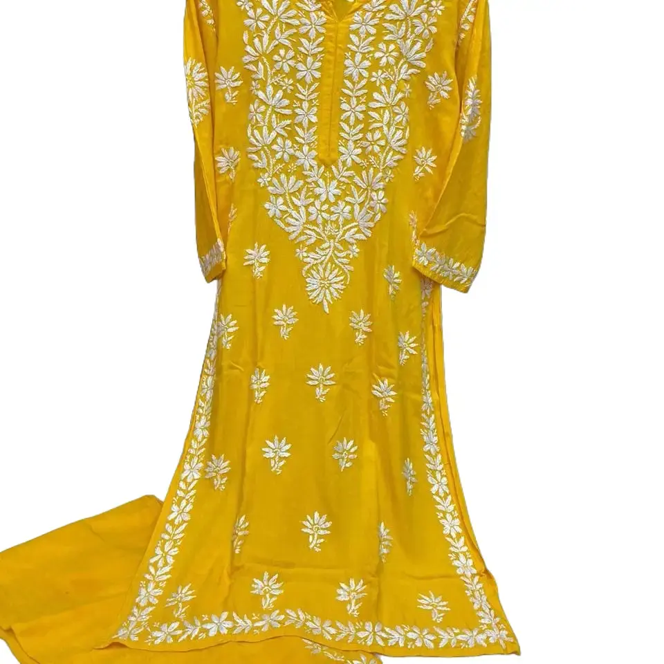 Yellow Chikankari Bollywood Style Designer Kurti Set, Reyon Cotton Top, and Bottom Clothing - chikankari kurta set with dupatta