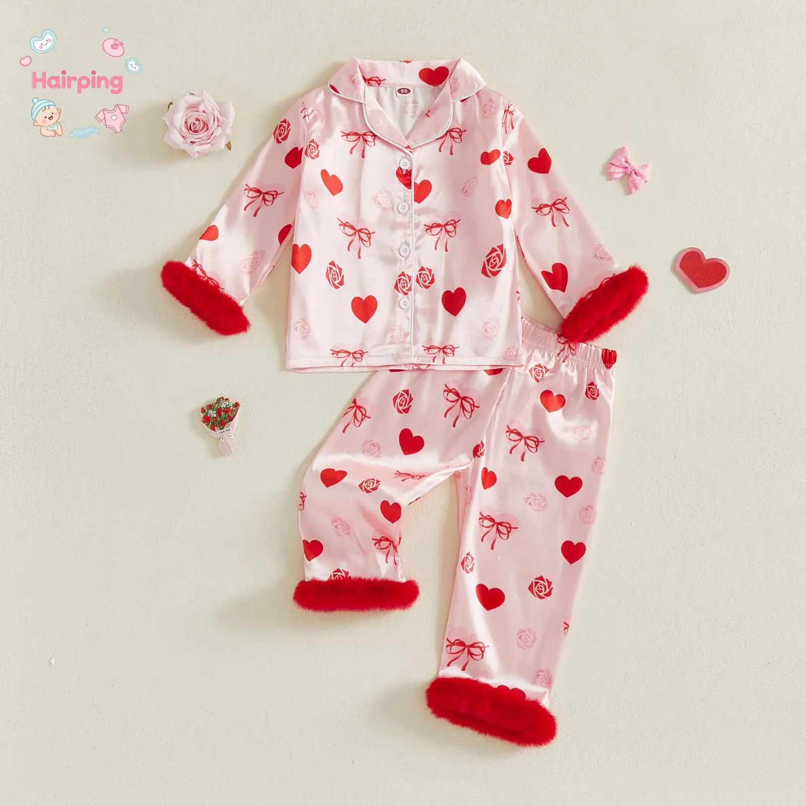Toddler Girl Pajama Set - 2-Piece Long Sleeve Satin PJs with Heart & Rose Pattern, Fuzzy Cuff Sleepwear for Kids Toddlers (1T-7T) Valentine's Day Nightwear