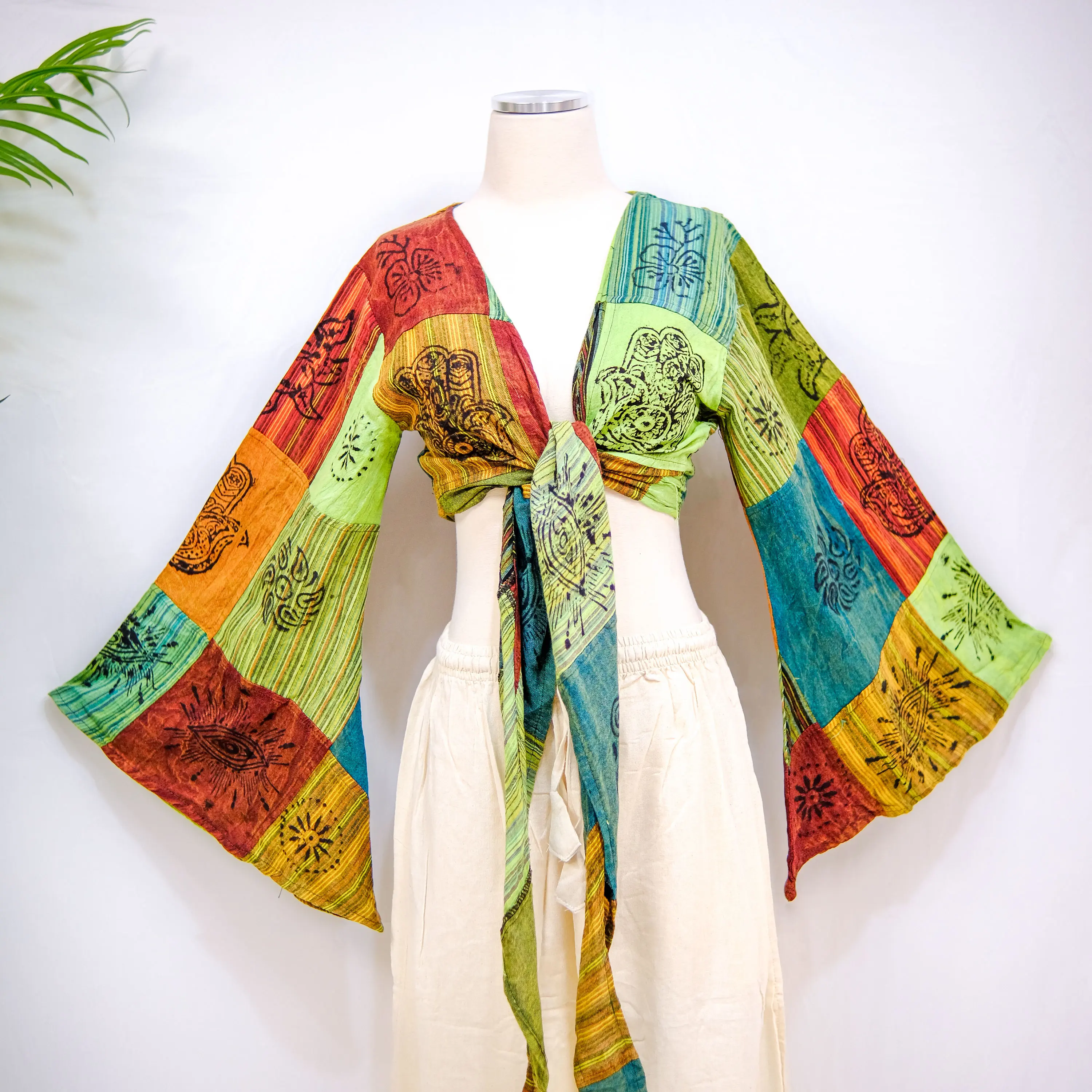 Karma Nepal Crafts Block Print Patchwork Cotton Wrap Tie Top with Bell Sleeves