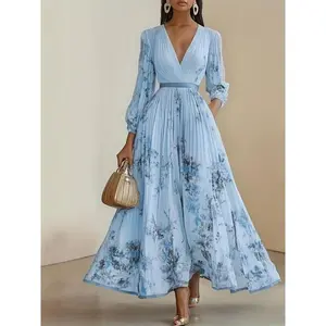 Elegant Olive Green V-Neck A-Line Formal Maxi Dress with Floral Lace Appliqué, Ruffled Bodice & Slit Hem - Machine Washable Women's Wedding, Party & Evening Gown, Wedding Dresses, Wedding Guest Attire, Vneck Design, Pleated Skirt Style, Hig