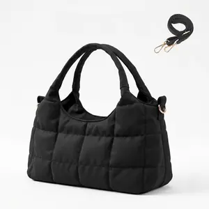 Quilted Down Bags Puffer Tote Bag for Women, Multi-Compartment Shoulder Bag with Zipper Pockets, Lightweight Daily Handbag with Adjustable Strap