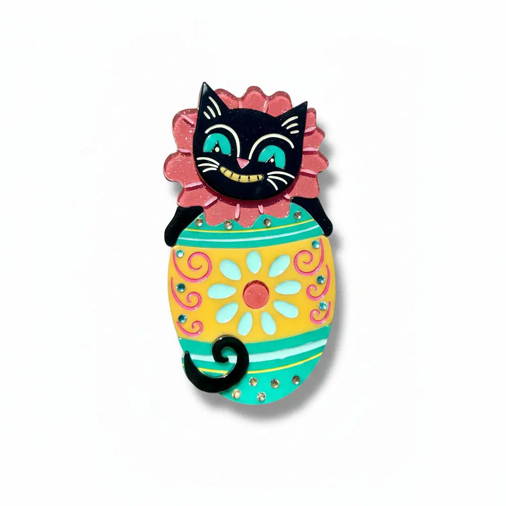 Johanna Parker x Lipstick & Chrome Eggcellent Black Cat Brooch, Cute Cartoon Collar Clip, Fashion Accessory Jewelry