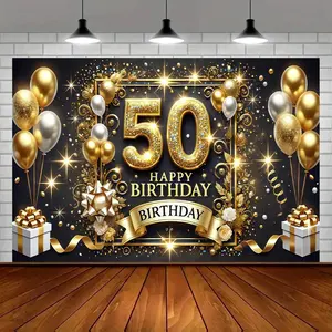 1pc 2D Flat 50th Birthday Party Banner, cm, Polyester Multi - Purpose Celebration Backdrop, Golden and Black Theme, Suitable for Indoor and Outdoor Events, Holiday Decorations for Home, Garden, Studio, and Fami