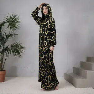 Golden circle-patterned Women’s 100% Cotton Islamic Abaya Kaftan – Soft Double Cape Hooded Design, Loose Modest Dress for Ramadan, Eid & Daily Prayer
