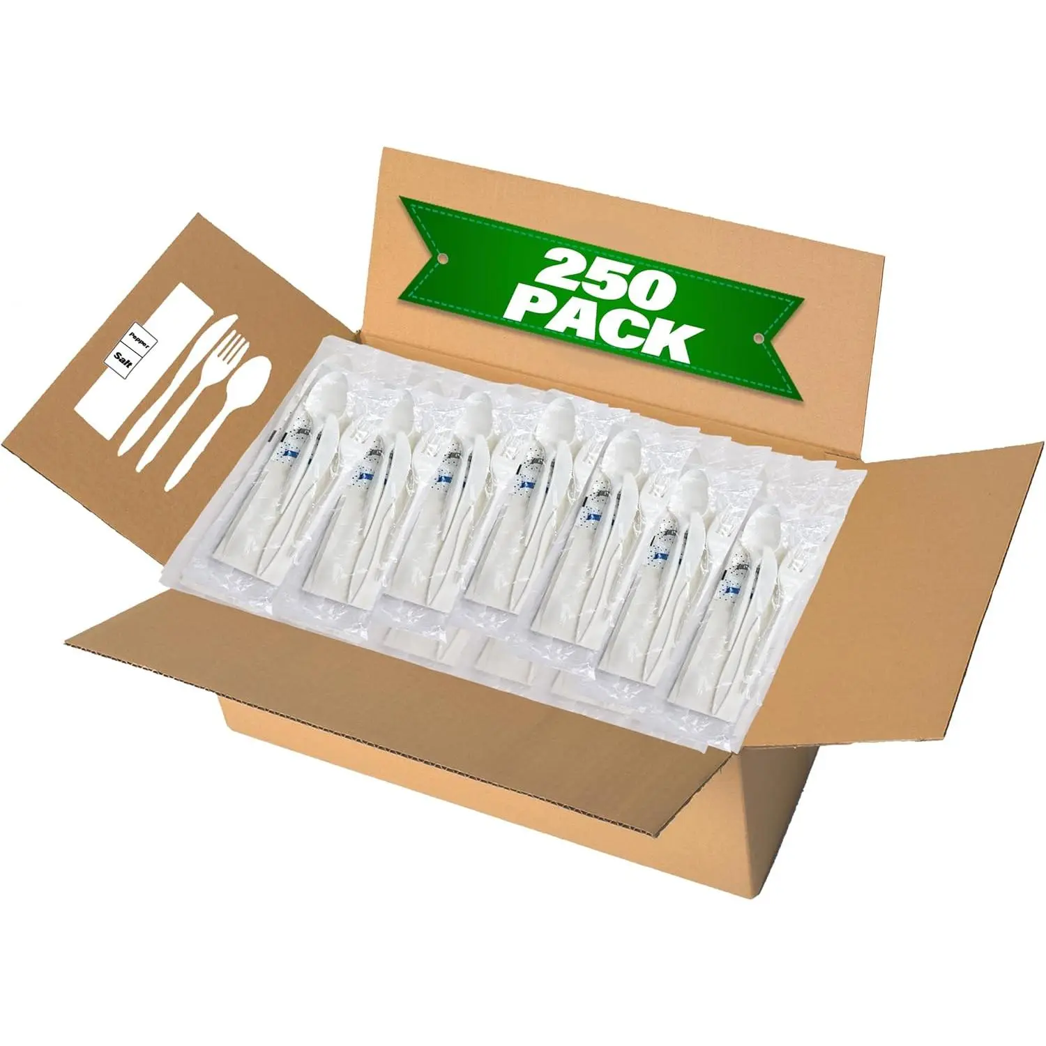 250 Pack Individually Wrapped Cutlery Set, Disposable Utensils Sets, White - Includes Disposable Cutlery Forks/Spoon/Knife/Napkin/Salt & Pepper - 250 Sets