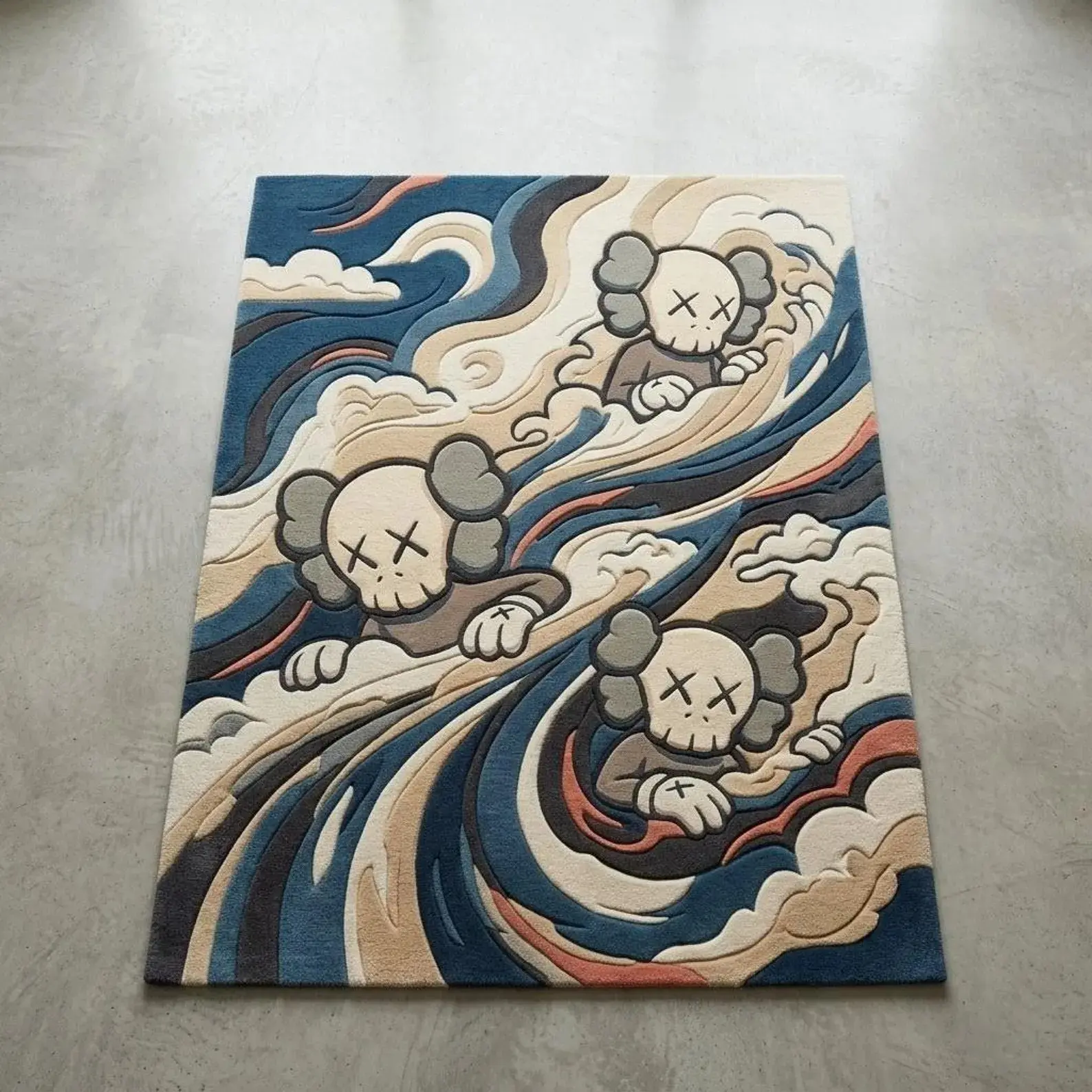 Contemporary Pop Art Area Rug, Hand Tufted Wool Wavy Character Carpet, Luxury Blue Beige Hypebeast Room Decor