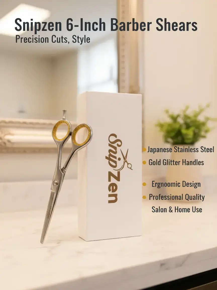 SnipZen 6-Inch Flat Professional Hair Cutting Scissors - Japanese Stainless Steel Barber Shears, Gold Glitter Ergonomic Handles, Lightweight, Smooth, Precision Cut for Salon, Home Haircare (Single Pair)