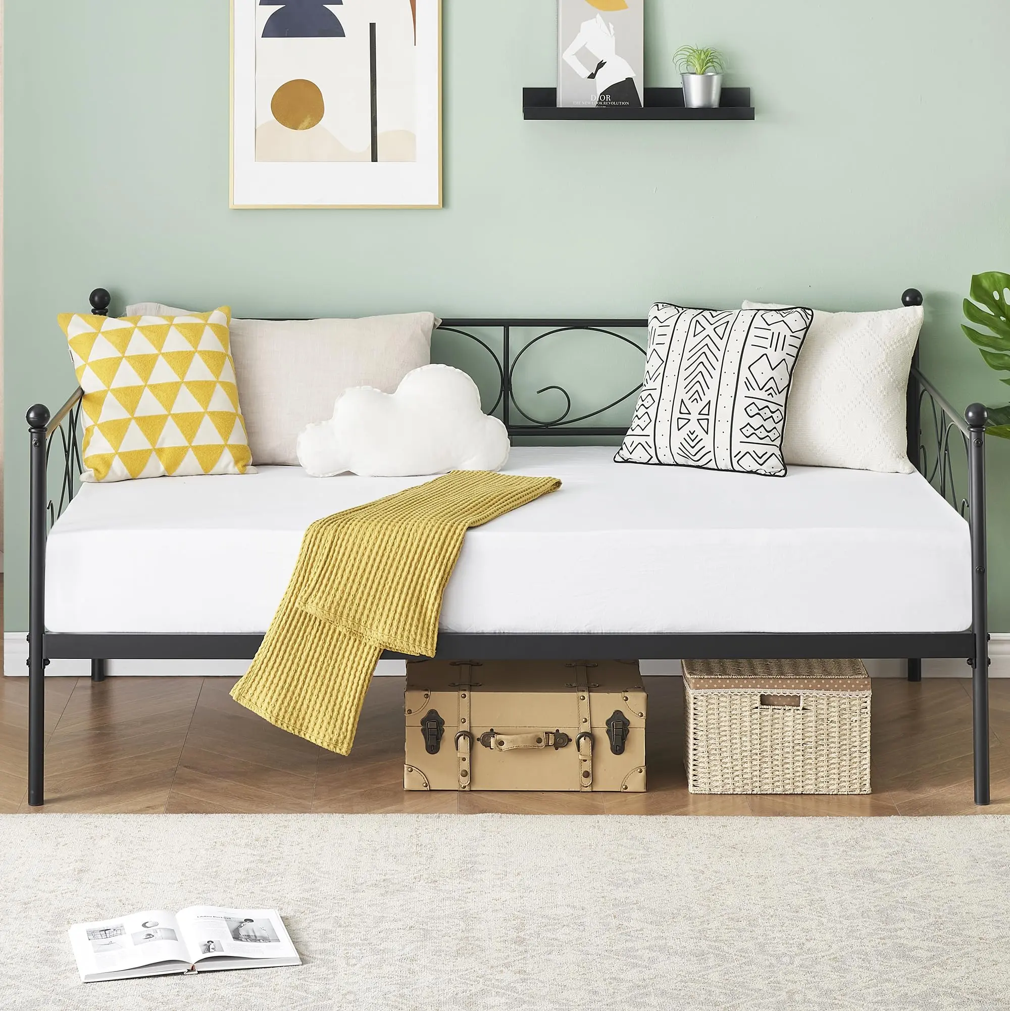 Garvee Twin Size Daybed Frame Heavy Duty Metal Slats Mattress Foundation Platform Sofa Bed with Headboard for Bedroom, Black (Daybed)