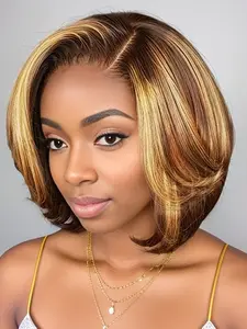 10 Inches Human Hair Short Bob Lace Front Wig, 13x4 Pre-Plucked Pixie Cut, Straight Style, 180% Density, for Women, Highlight Bob Wig, Glueless Bob Wig