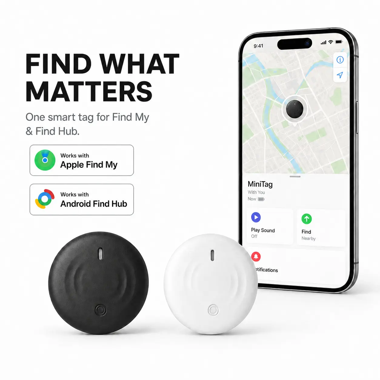 Round Circular Bluetooth Item Finder Tag (Black-2pc/4pc), IP66 Water-Resistant, Replaceable Battery, Works with Find My & Find Hub for iOS & Android, for Keys & Bags