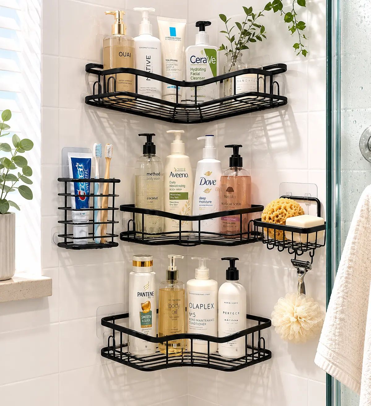 5-Count Large Hollow Stainless Steel Wall-Mount Bathroom Shower Organizer Set - Self-Adhesive Round Rust-Resistant Transparent Caddy for Bathroom Supplies with Easy Installation