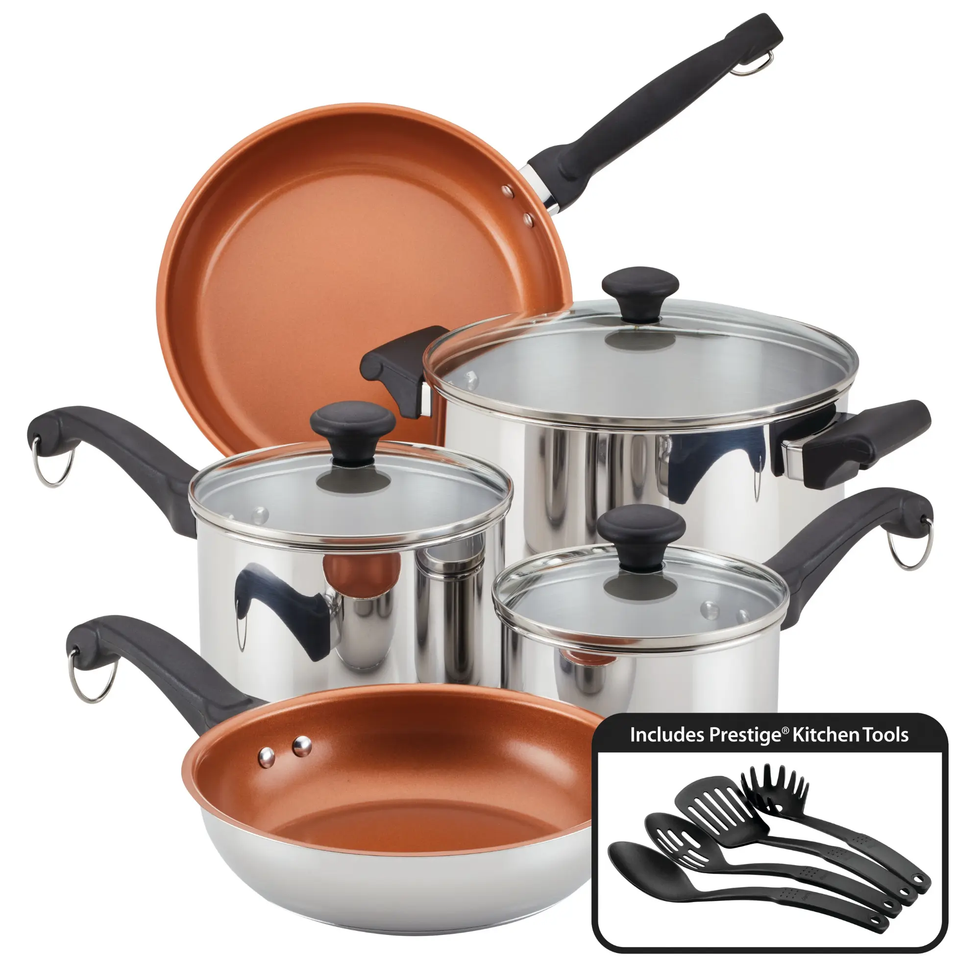 Classic 12-Piece Ceramic Stainless Steel Cookware Set - Mirror-Polished Exterior, Ceramic Nonstick Surfaces, Includes Prestige Frying Pan, Lid, Fork & Other Kitchen Tools - Oven-Safe Kitchen Cookware Set