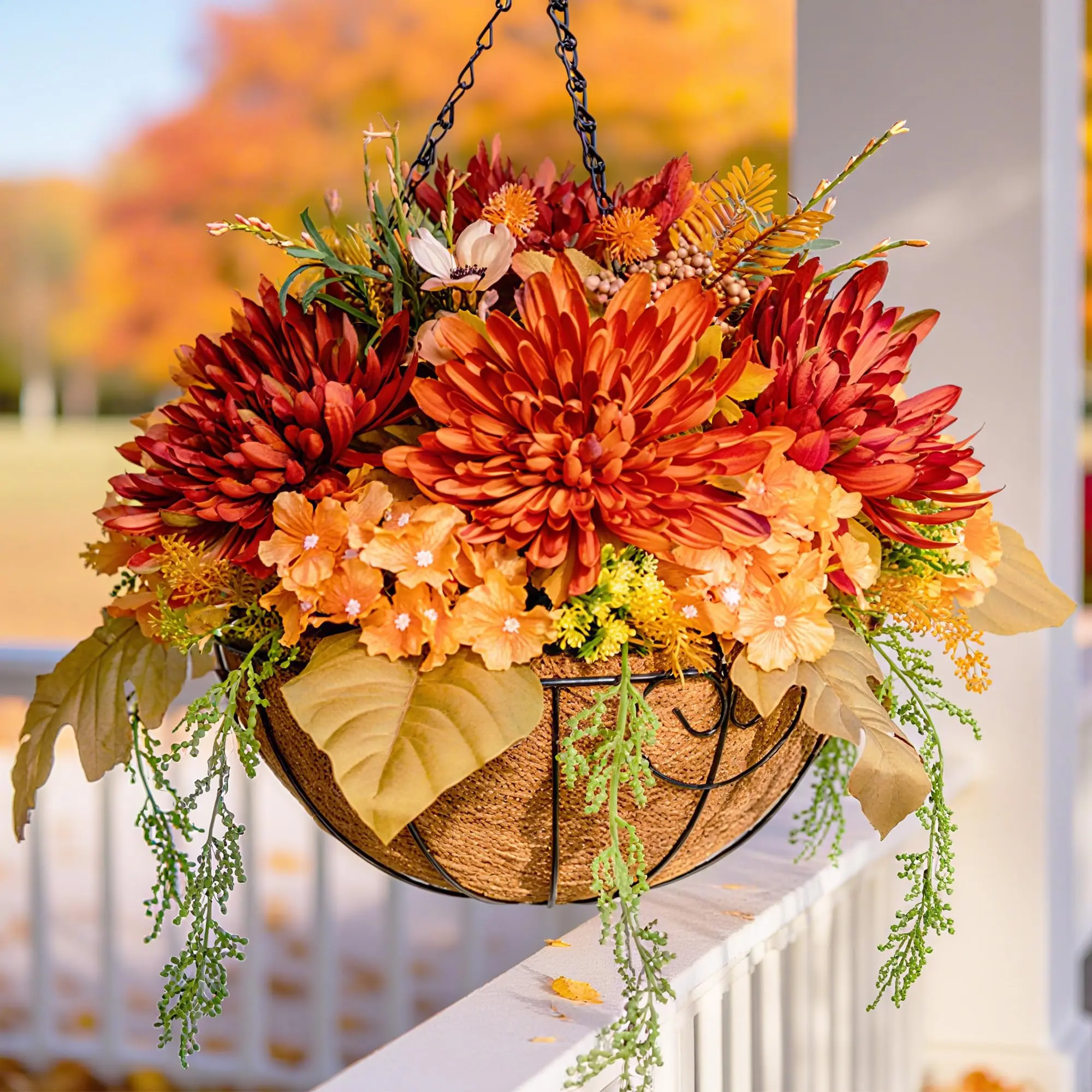 Ivydale Artificial Fake Hanging Mums Flowers Plants Baskets for Outdoor Outside Decoration, Faux Silk Orange Flower Chrysanthemum UV Resistant Realistic for Porch Patio Balcony Yard Decor