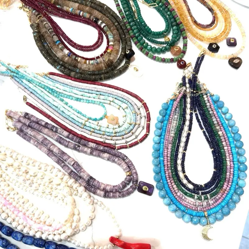 Handmade Brass-Colored Assorted Beaded Necklaces - Artisanal Craftsmanship, Brass Charms, Various Sizes, Boho, Adjustable, Charm Hook, Costume Jewelry Fashion Accessory, Colorful Beaded Necklaces, Adjustable Charms Necklaces