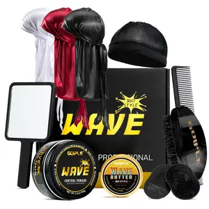 Strong Hold Wave Pomade for Men - Easy Wash 360 Wave Training Hair Cream, Moisture, Nourishing Silky Shine, Brush & Durag Cap Set Moisturize Gel